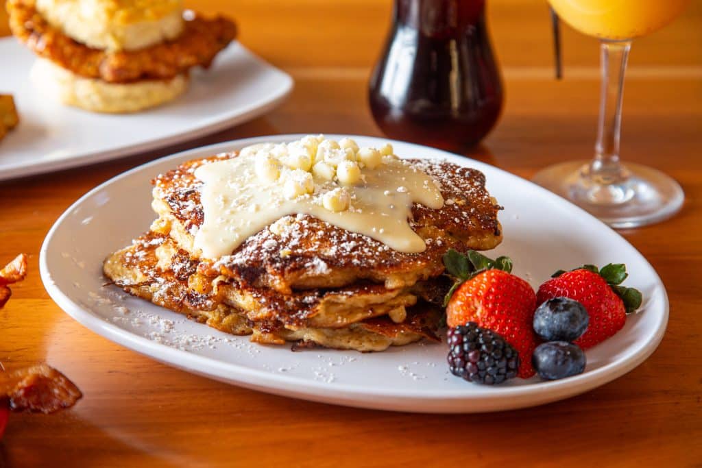 White Chocolate Bread Pudding Pancakes - Ruby Slipper & Ruby Sunshine White Chocolate Bread Pudding Pancakes